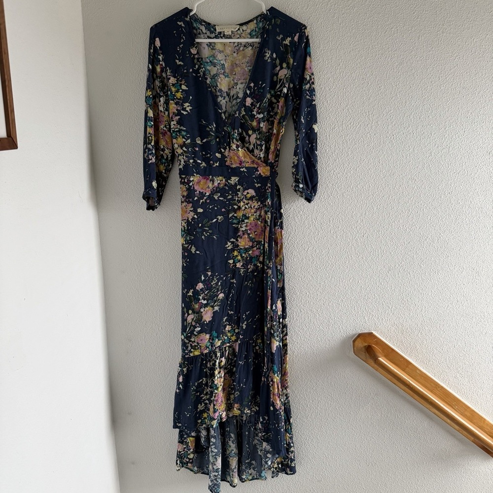 Lovestitch Blue Floral High-Low Wrap Dress M‎ Tiered Ruffle Hem 3/4 Sleeve